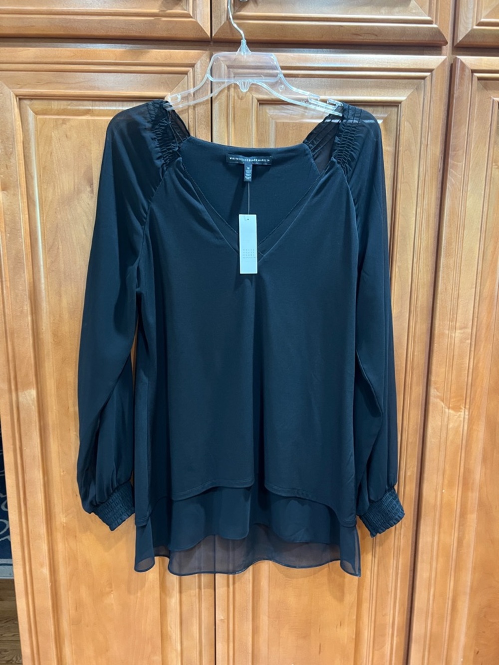 White House Black Black Long-Sleeve V-Neck Layered Blouse with Smocked Shoulders